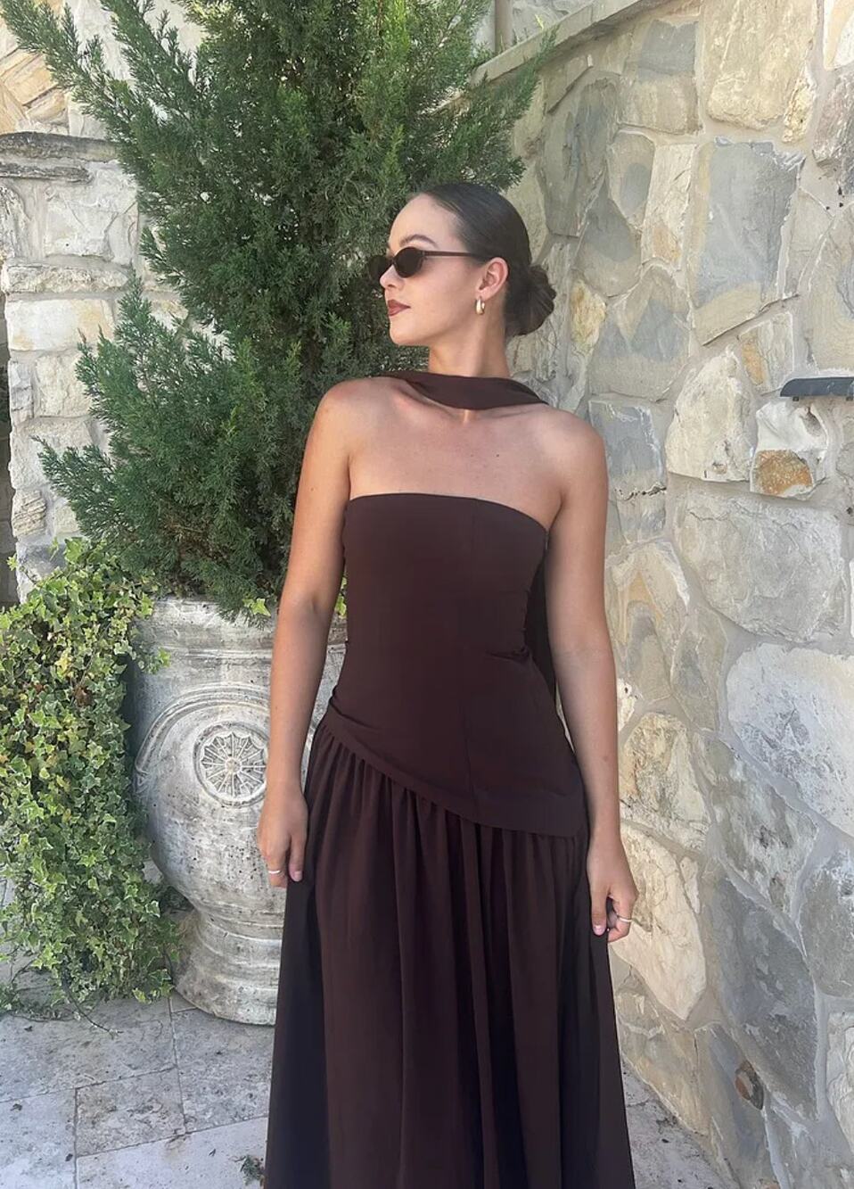PRINCESS POLLY Odela Strapless Drop Waist Maxi Dress Chocolate Size 6